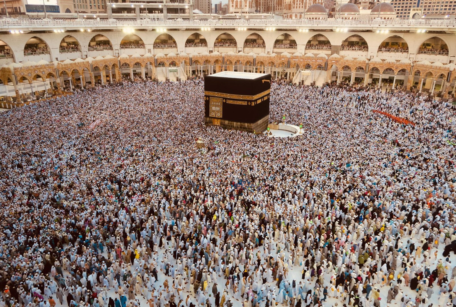 Aerial view of pilgrims gathering around the Kaaba in Mecca, Saudi Arabia.
